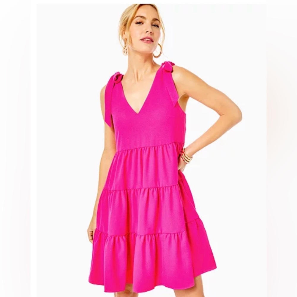 NWT Lilly Pulitzer Hot Pink/Acai Berry Blisslyn Tie-Shoulder Tiered Mini Dress